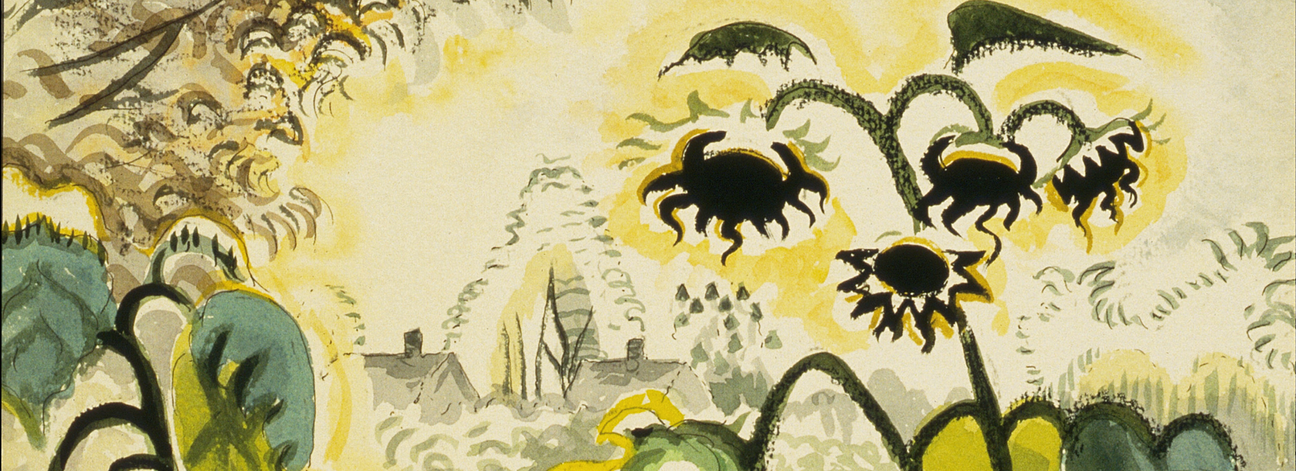 Detail of an artwork in black ink and yellow and green watercolors showing a view through sunflowers