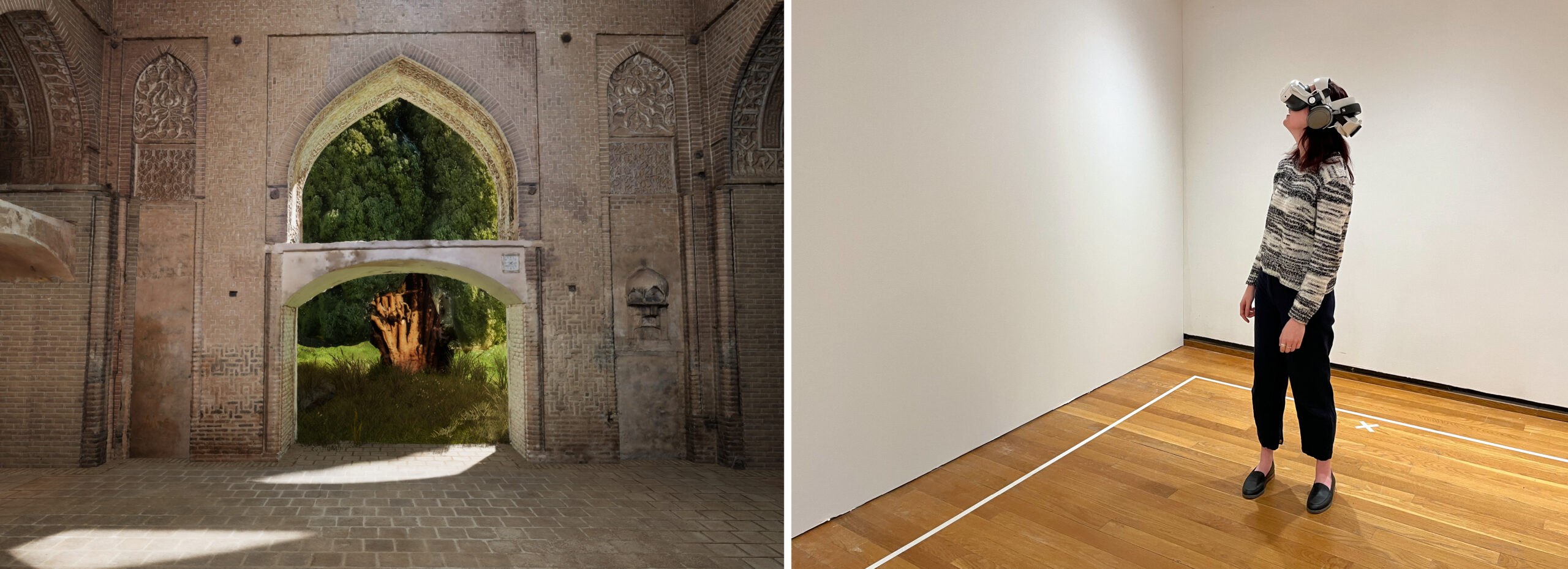 A virtual reality scene inside an 11th-century Persian mosque with a view outside next to a photo of a woman wearing a VR headset in an empty room