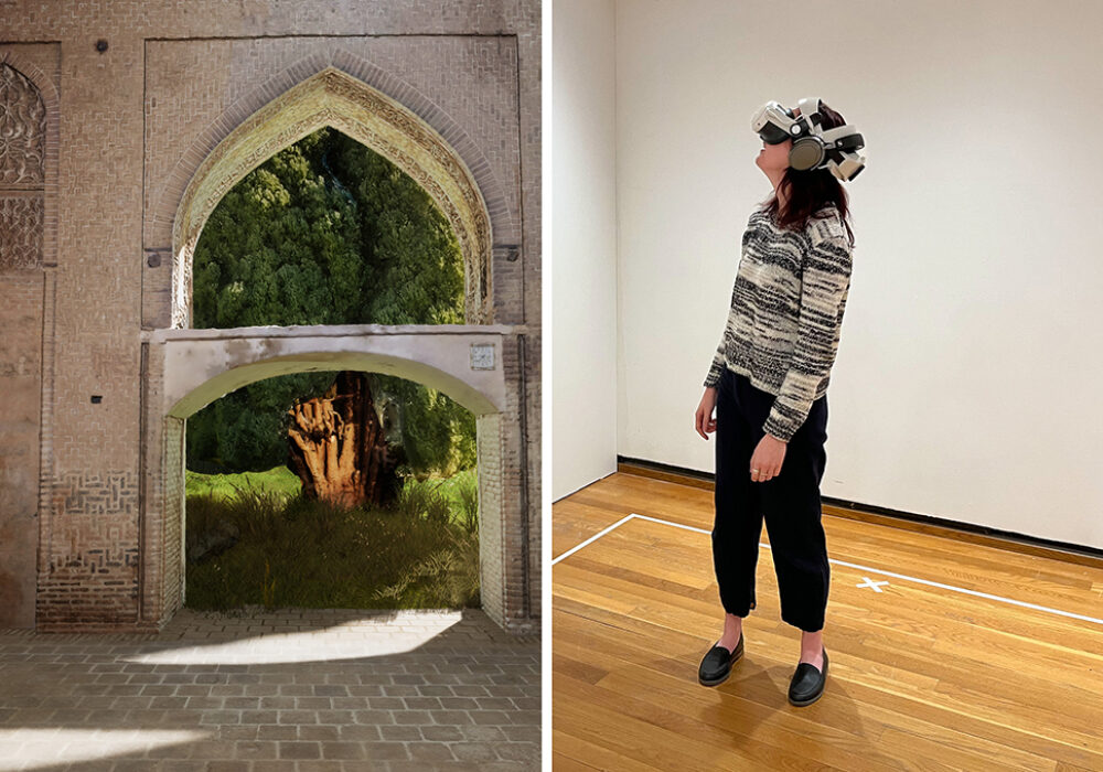 A virtual reality scene inside an 11th-century Persian mosque with a view outside next to a photo of a woman wearing a VR headset in an empty room