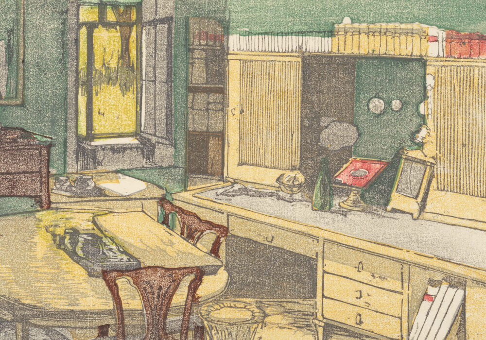 Detail of a color woodcut depicting a room with a window, desk, and books