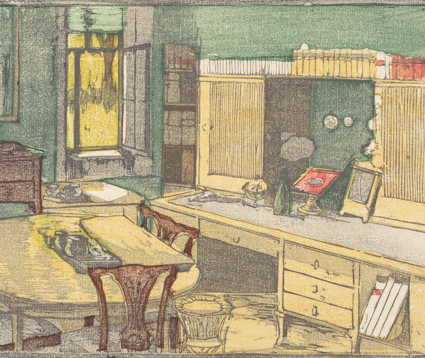 Detail of a color woodcut depicting a room with a window, desk, and books