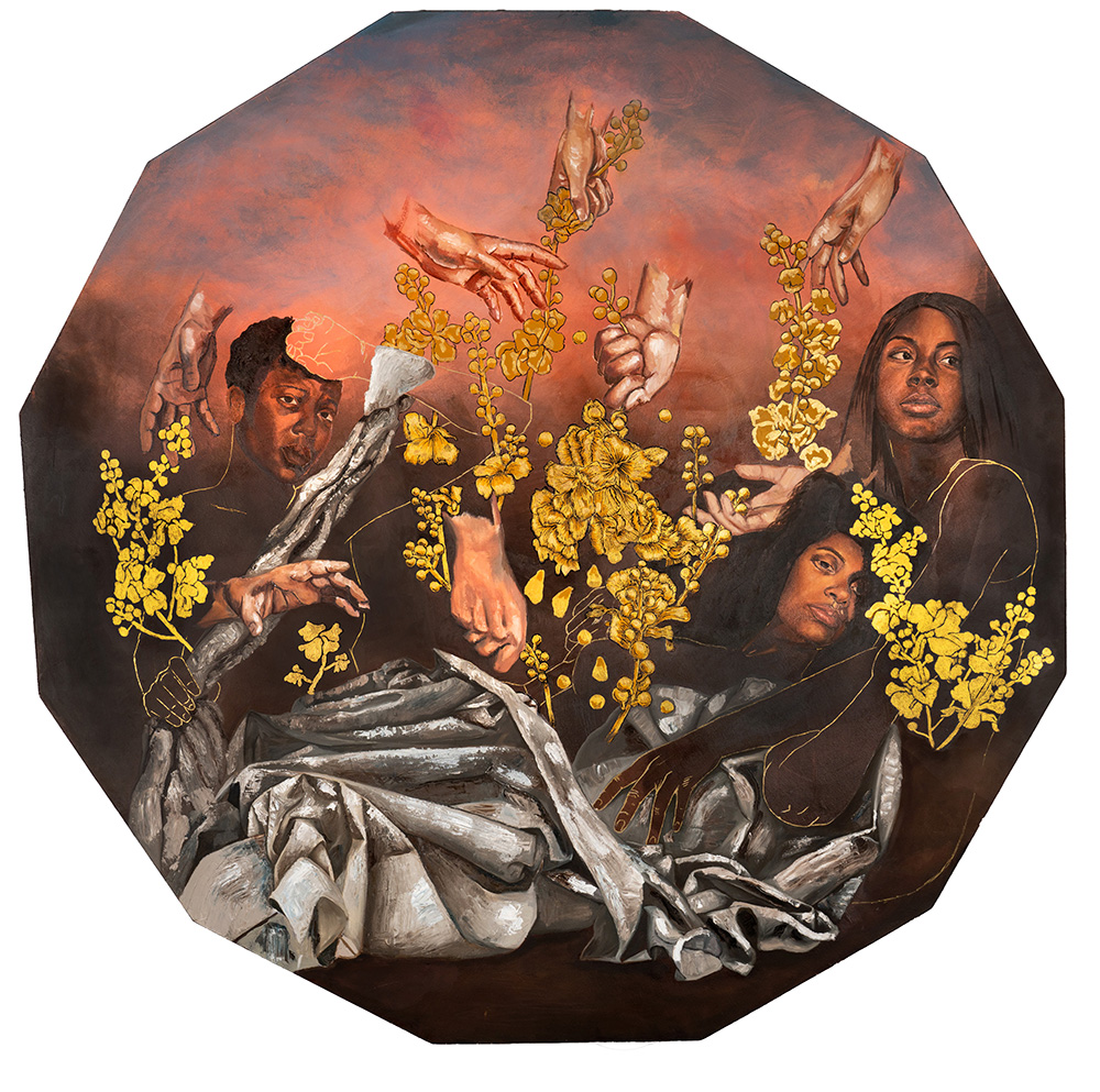A 12-sided painting of three Black women, yellow flowers, floating hands, and a billowing cloth with a pink-hued sky