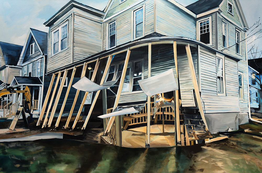 An oil painting of houses with one porch seemingly being turned into a carousel