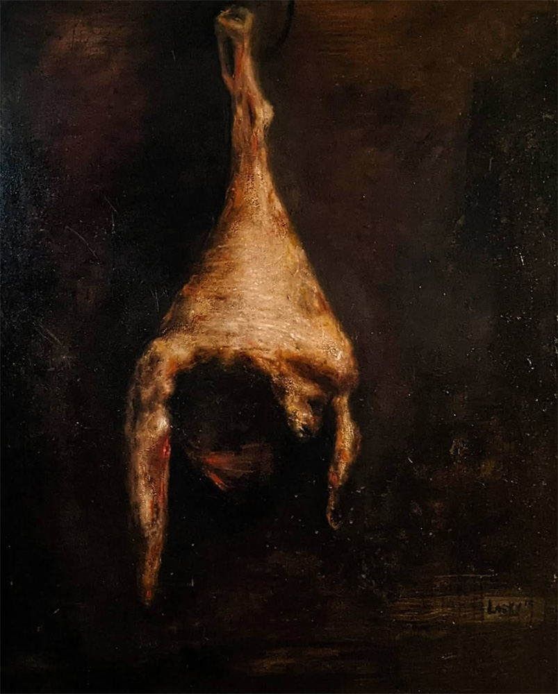 A dark oil painting of a hanging animal leg