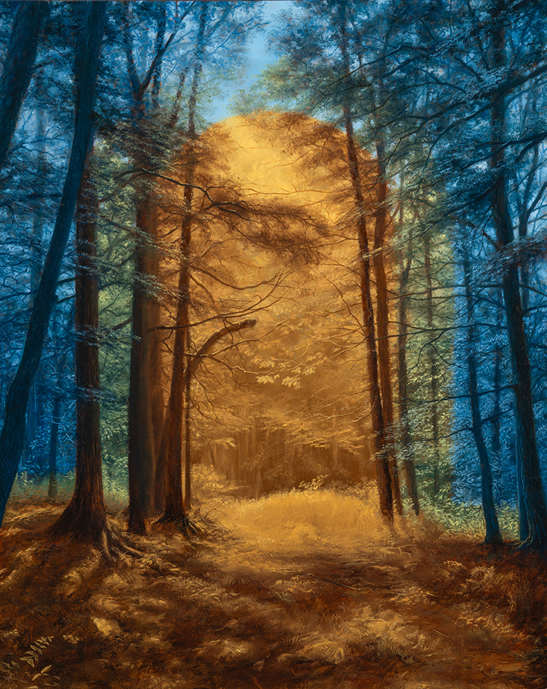 An oil painting of a path in a forest showing brown, green, and blue tones creating the appearance of a doorway