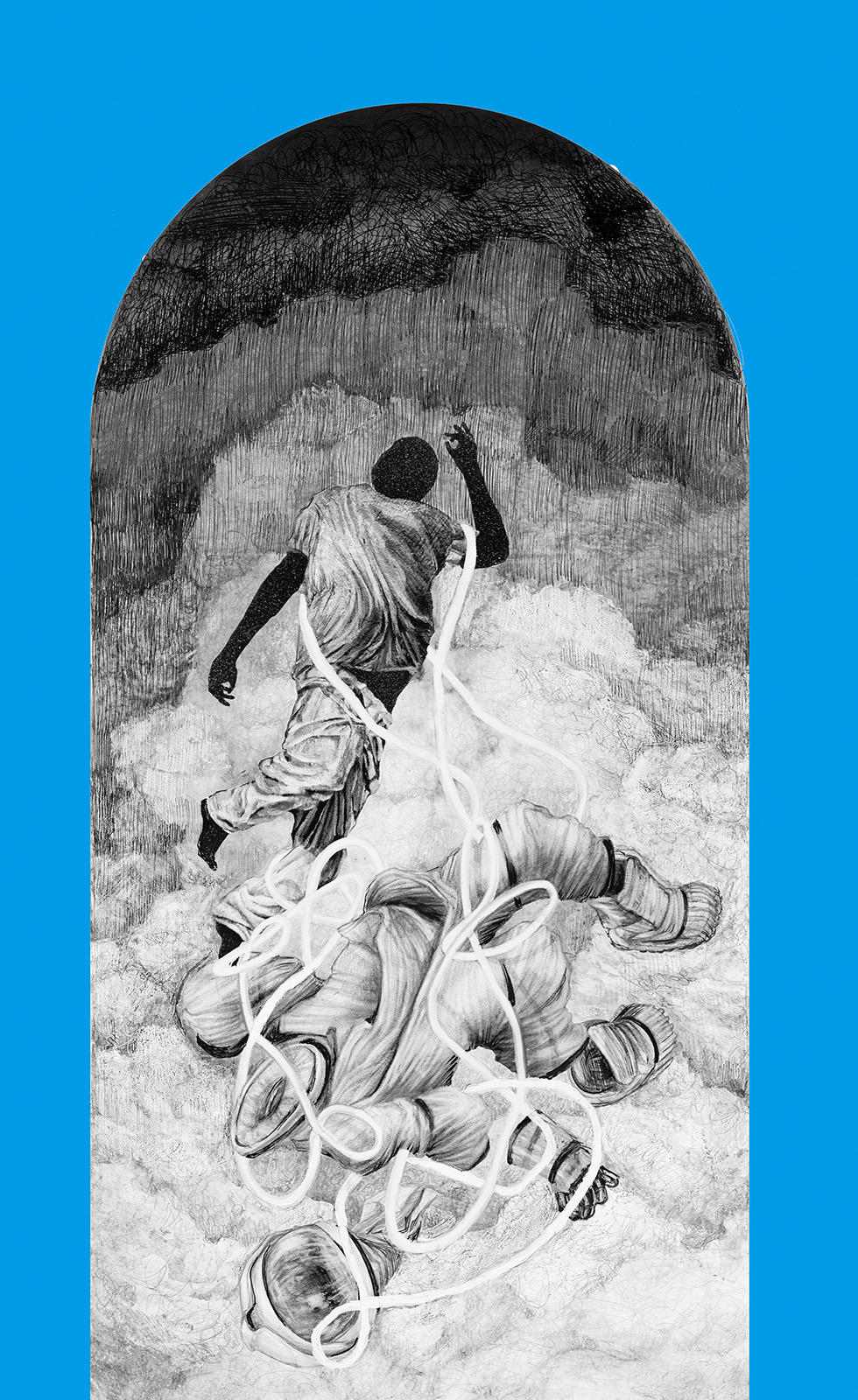 A drawing of a figure of a black man discarding a space suit in the clouds and approaching a dark sky, shown against a bright blue arch