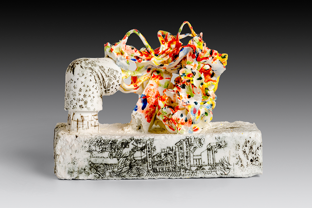 A porcelain sculpture where smooth surfaces are marked with delicate black line drawings contrasting with a more textured portion painted with many bright colors