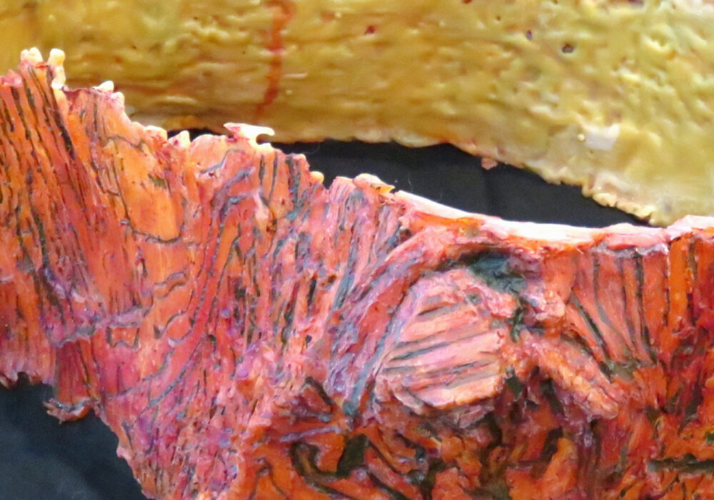 A wax mold taken from tree bark and painted with bright colors inside and out