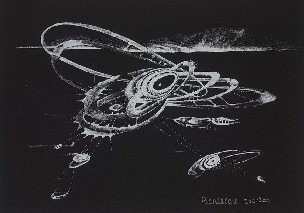 A drawing of cosmic planets and lights in the sky