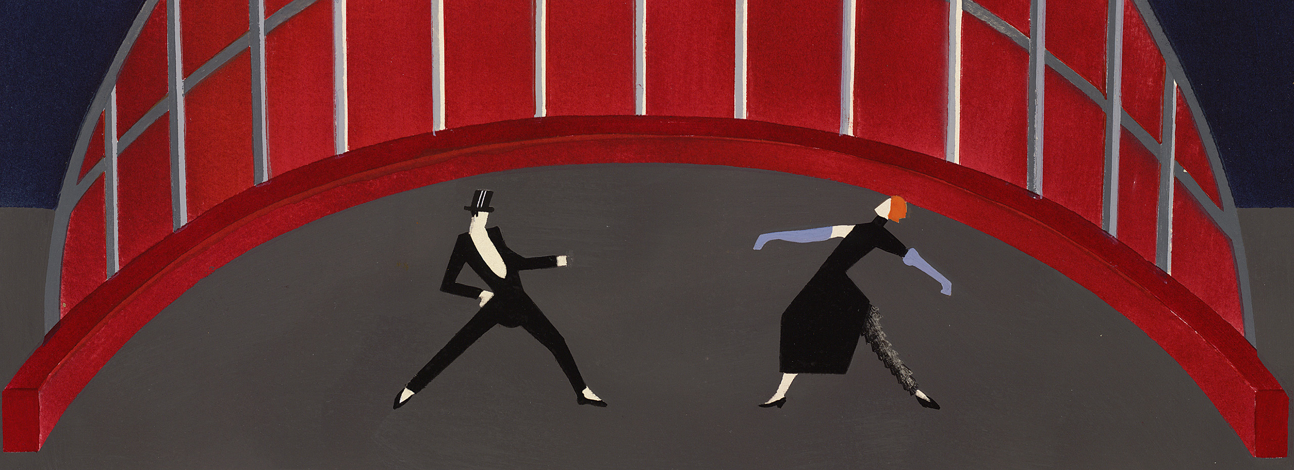 Two figures dance on a stage with a curved red backdrop