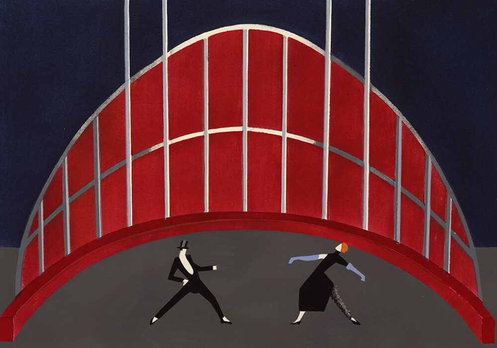 Two figures dance on a stage with a curved red backdrop