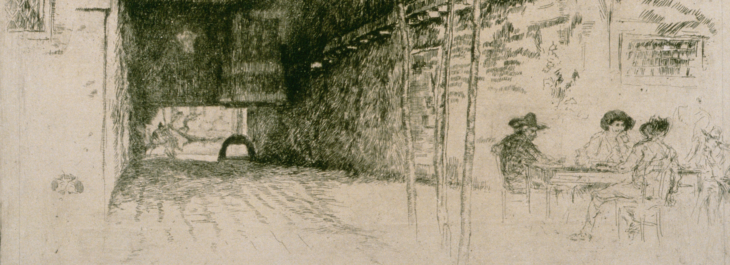 Line drawing of a group of men wearing hats sitting near a tree and a building with a tunnel