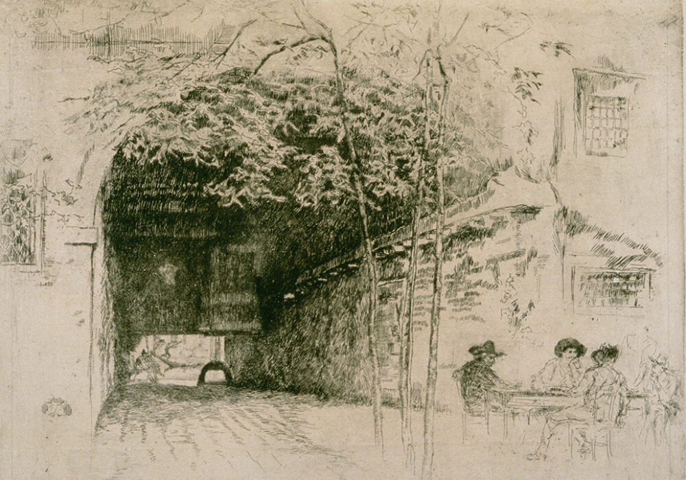 Line drawing of a group of men wearing hats sitting near a tree and a building with a tunnel