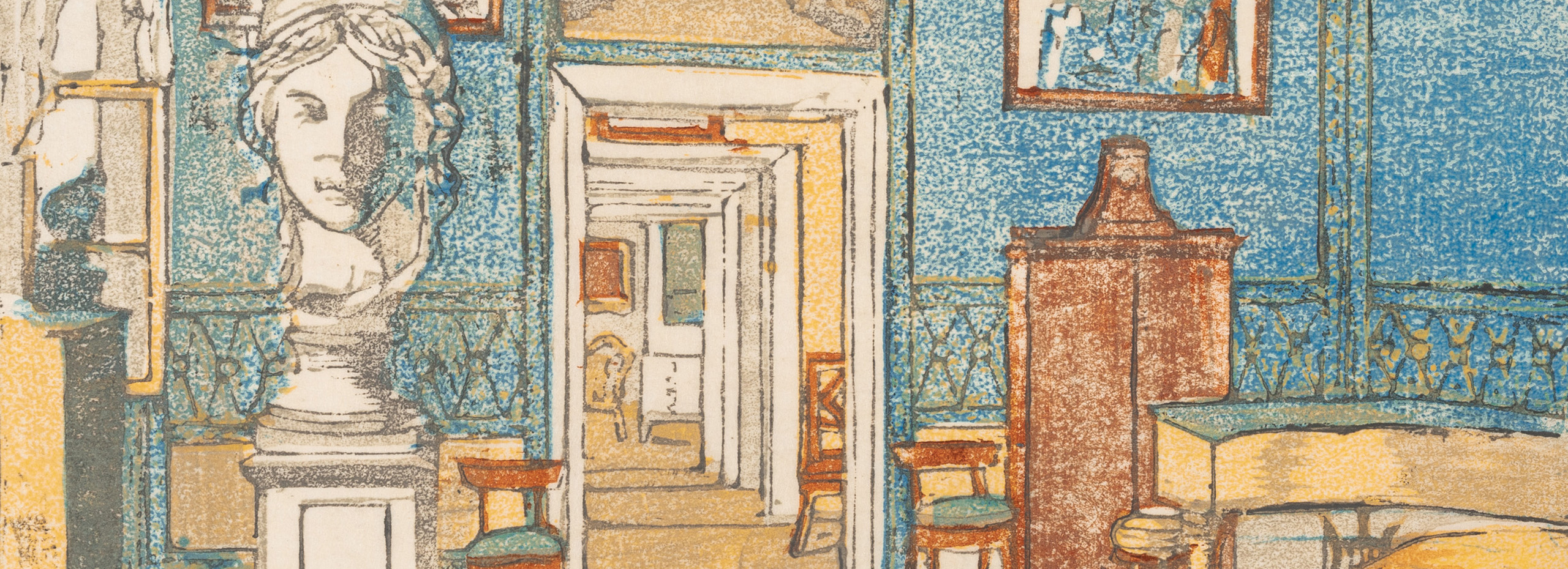 Colorful print of a room with furniture, a hallway, and artworks