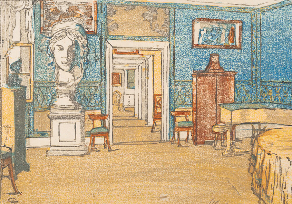 Colorful print of a room with furniture, a hallway, and artworks