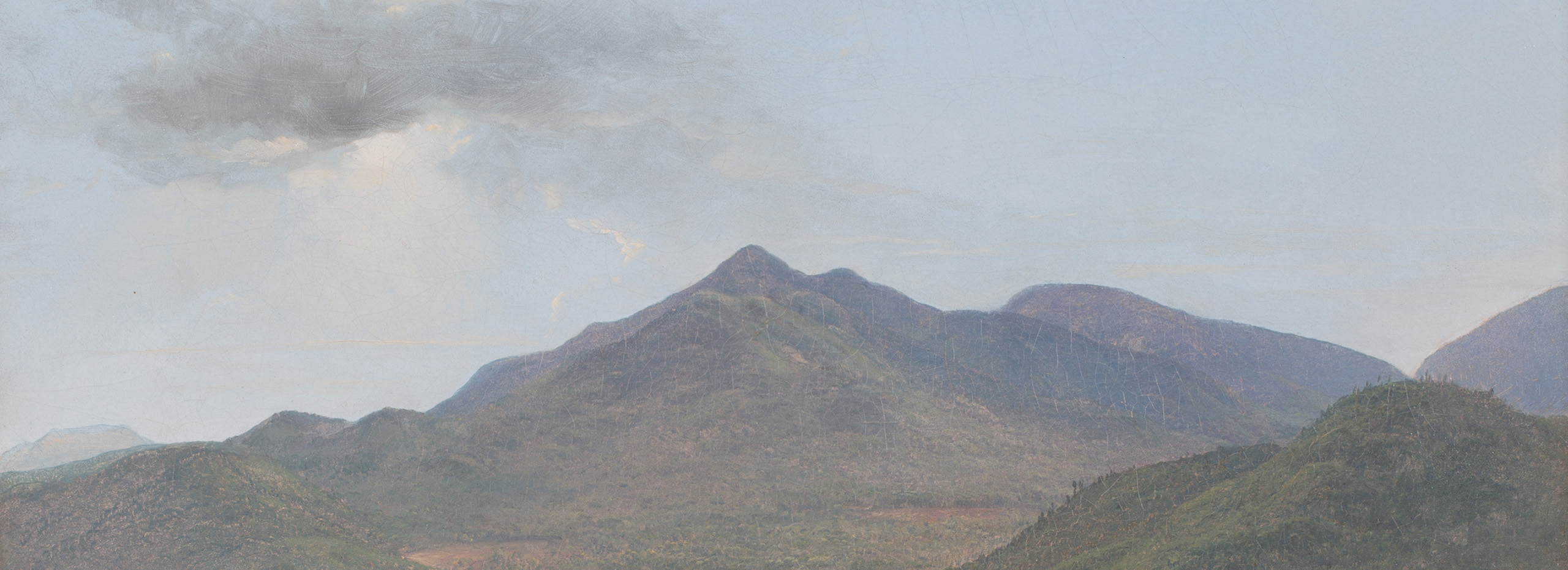 Detail of an oil painting showing distant mountains and clouds