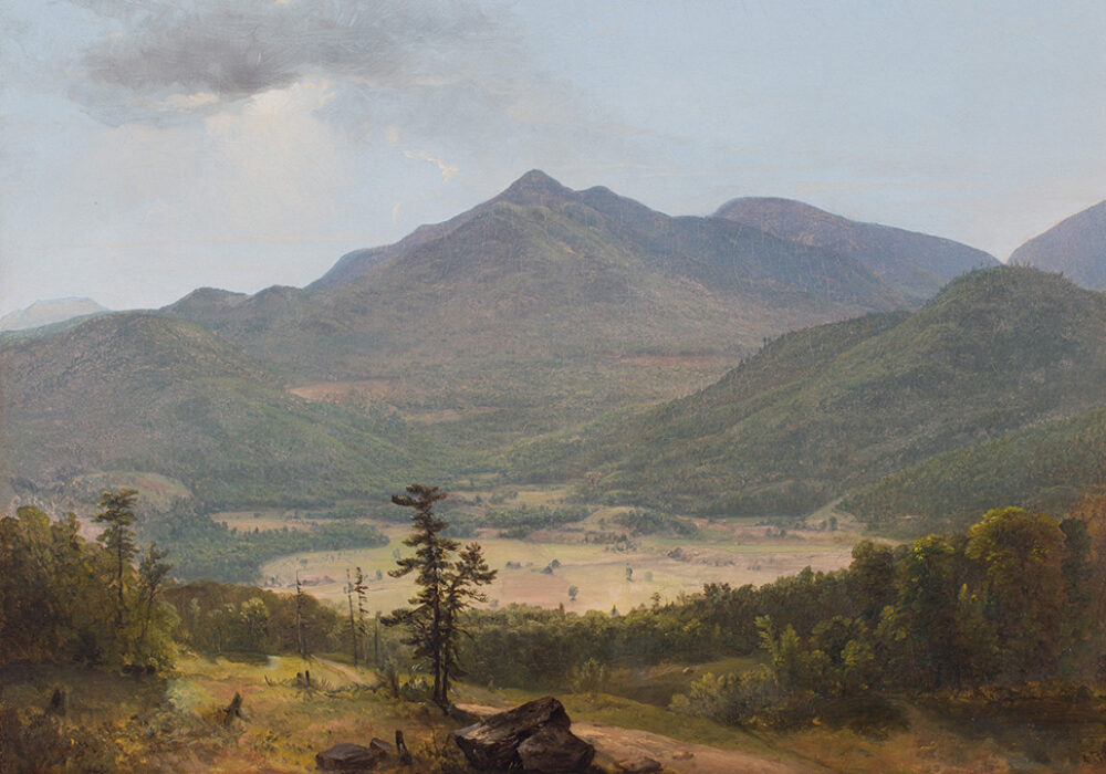 Detail of an oil painting showing a landscape with distant mountains