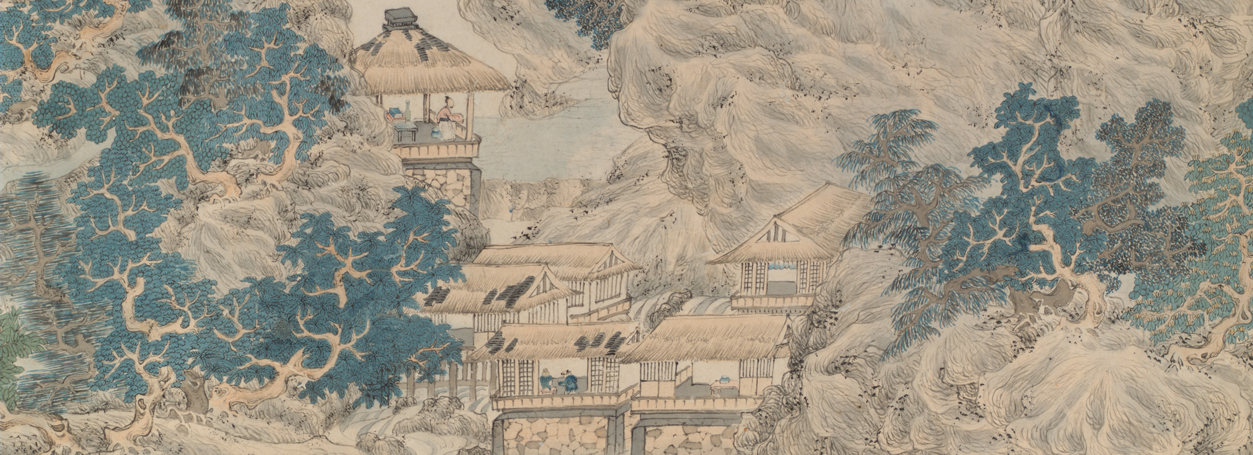 Detail of a Chinese landscape scroll with mountains, trees, and dwellings