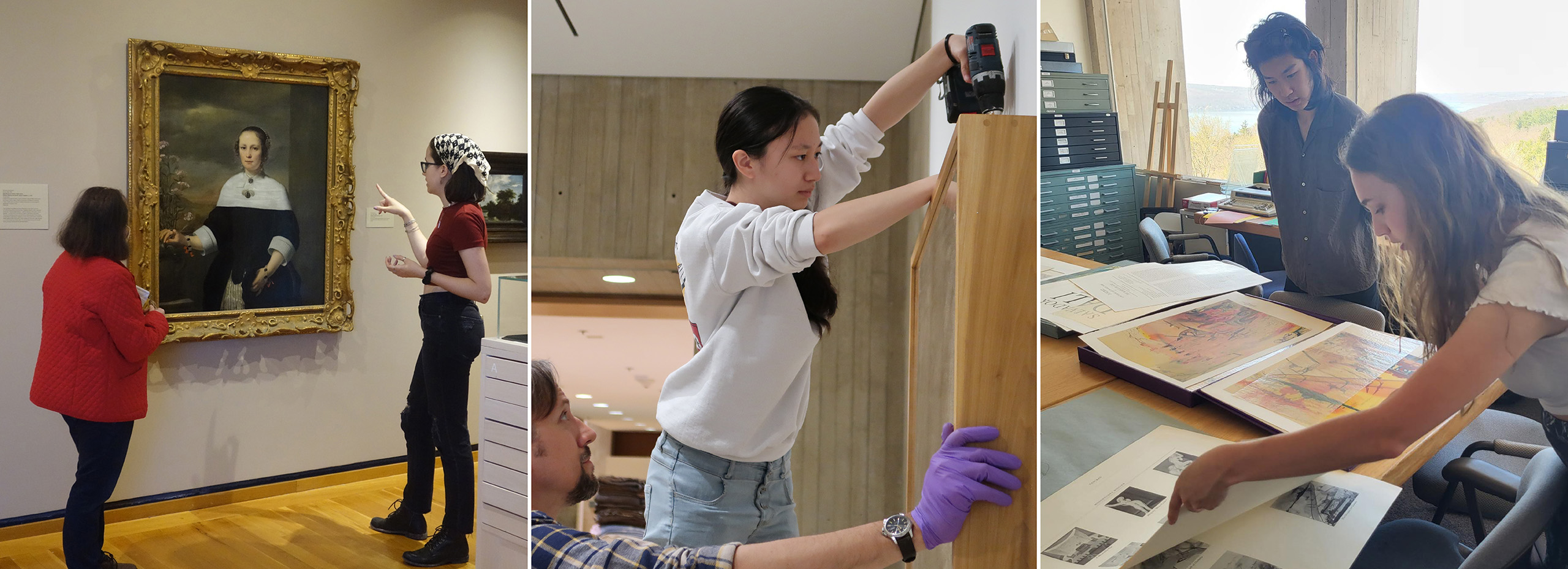 Photos of a student explaining a painting to a woman, two people hanging a frame on a wall, and two people looking at artworks near a window