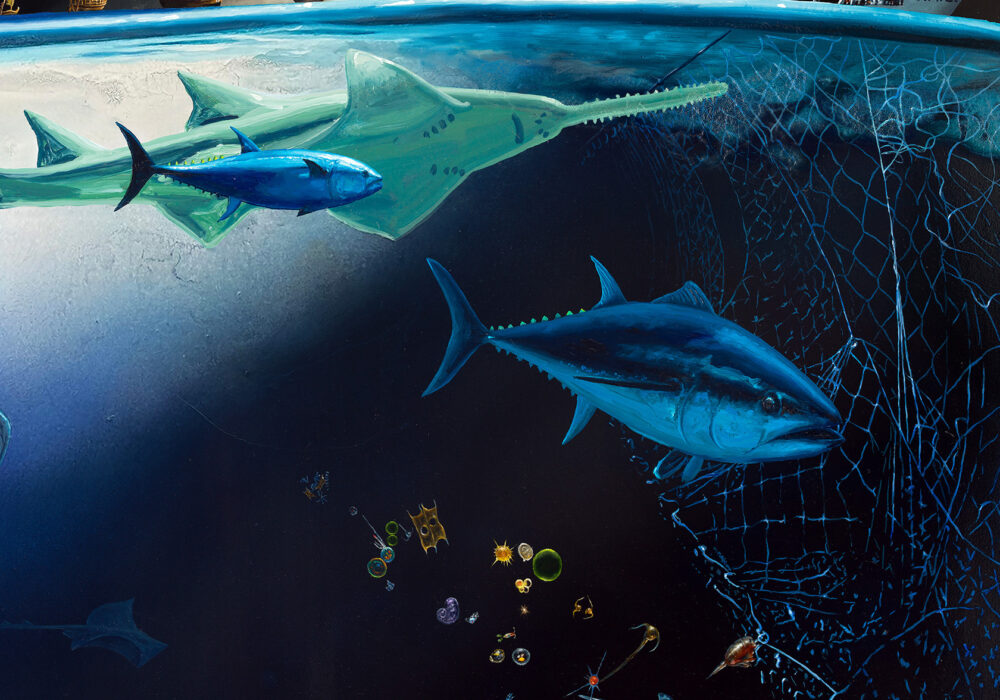 Painting of aquatic life swimming toward a net and trash below a tiny horizon line of boats and ships