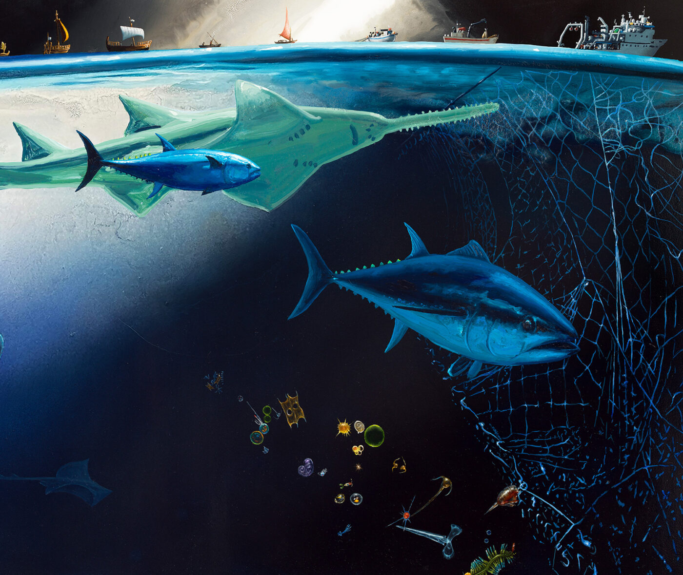 Painting of aquatic life swimming toward a net and trash below a tiny horizon line of boats and ships