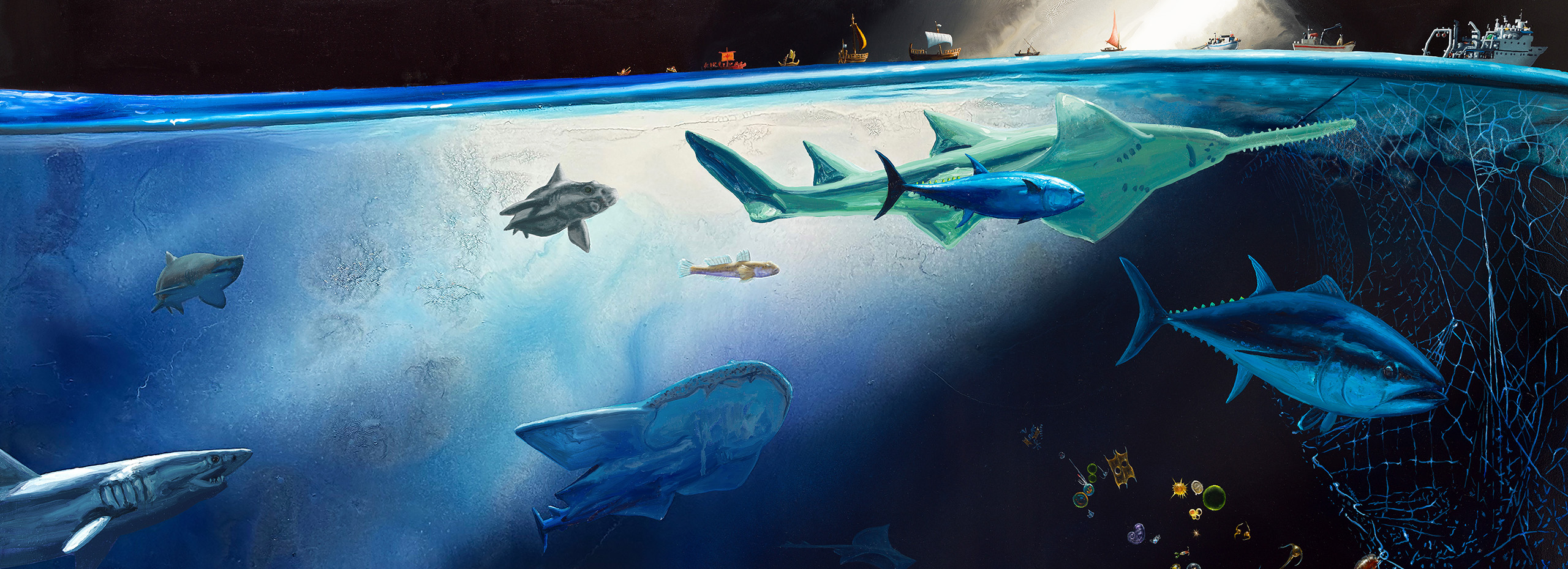 Painting of aquatic life swimming toward a net and trash below a tiny horizon line of boats and ships