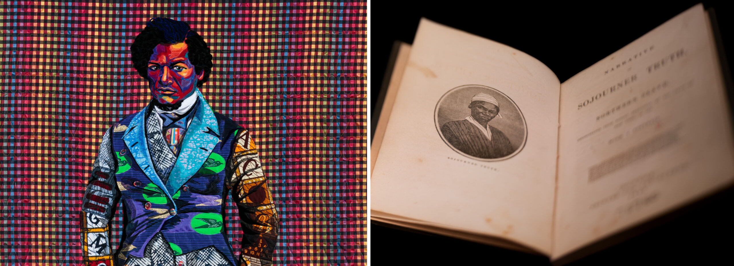 A colorful portrait of Frederick Douglass on the left and a book about Sojourner Truth opened to the title page on the right