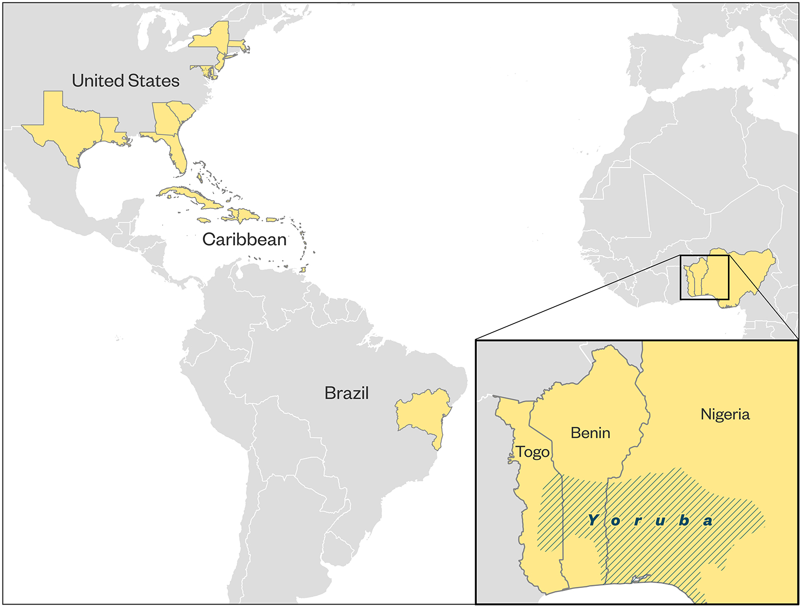 A world map highlights areas of the United States, Caribbean islands, Brazil, and West Africa