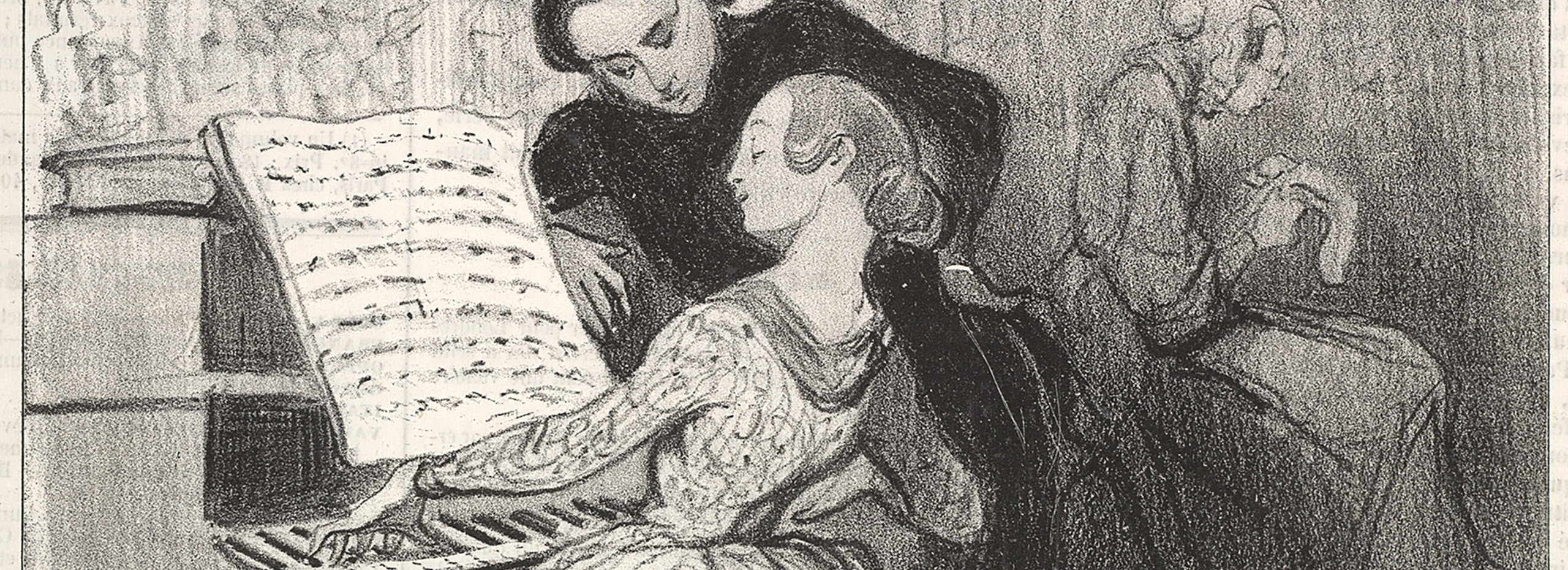 Detail of a lithograph depicting a woman playing piano in a room with two other people