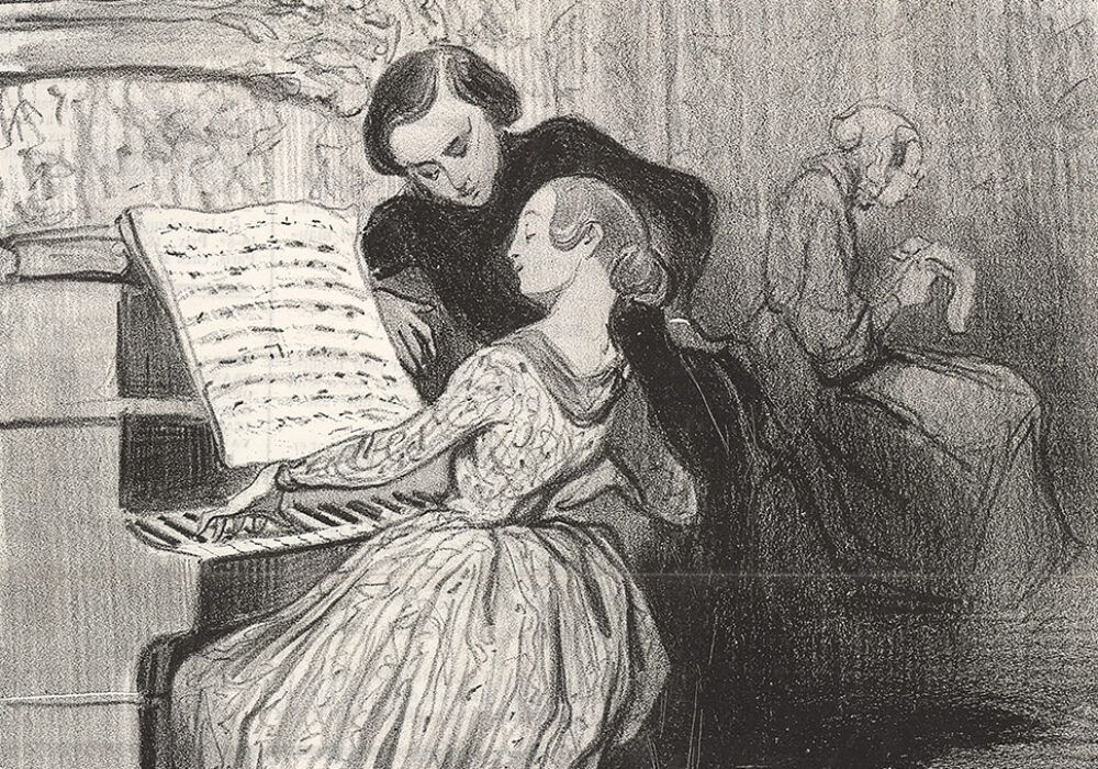 Detail of a lithograph depicting a woman playing piano in a room with two other people