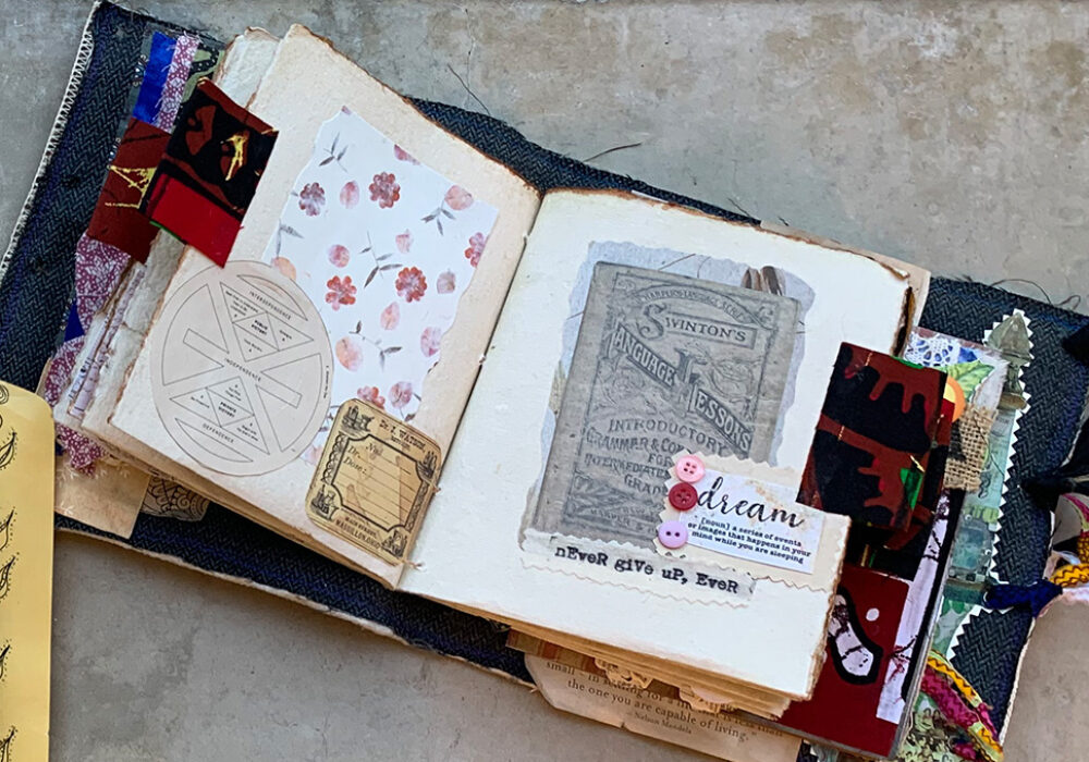 A colorful open scrapbook of images and clippings