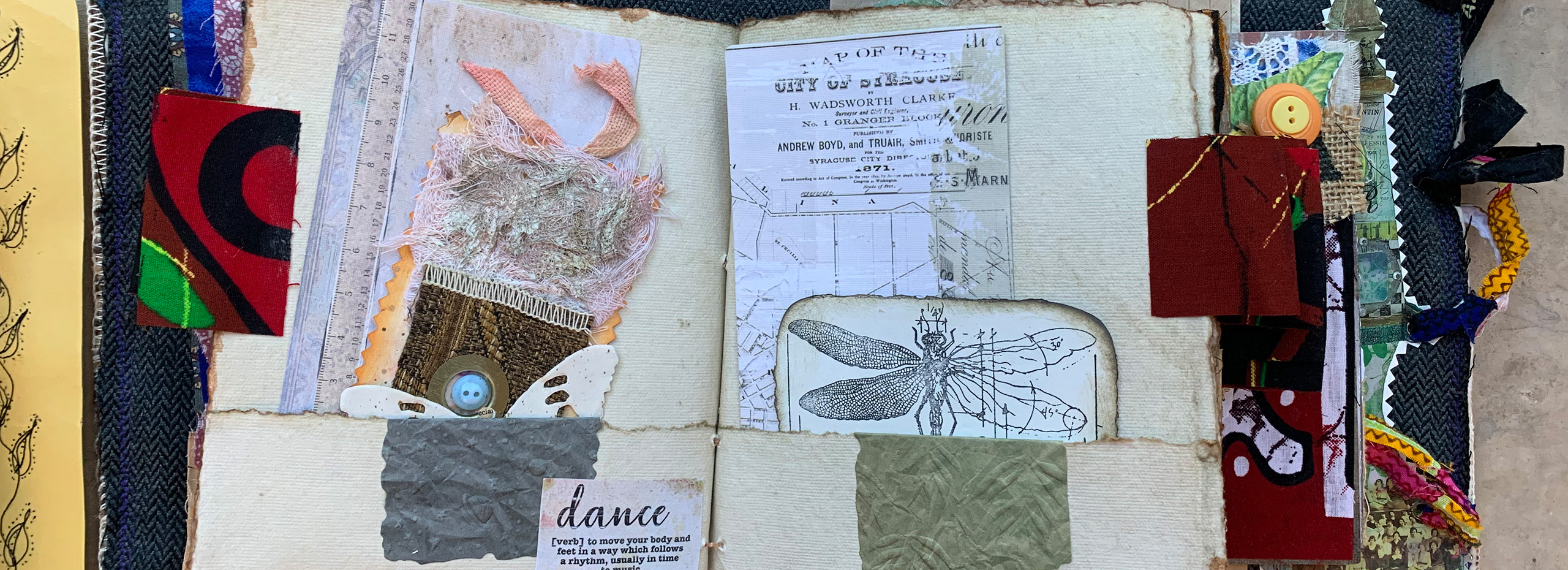 A colorful open scrapbook of images and clippings