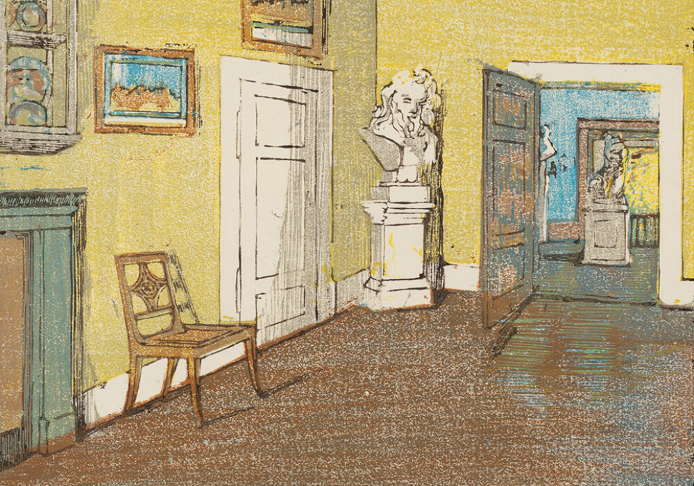 A color woodblock print of a room with yellow walls, furniture, and sculpture.