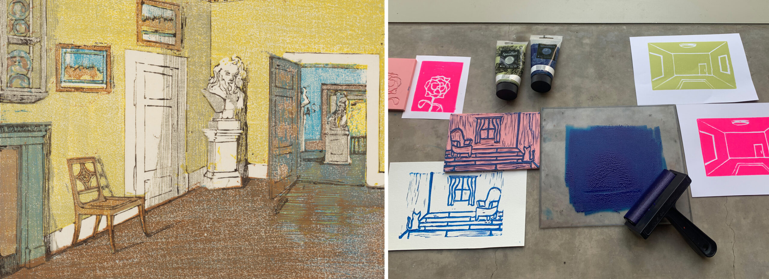 Side by side images of a color woodblock print and art materials used to make prints