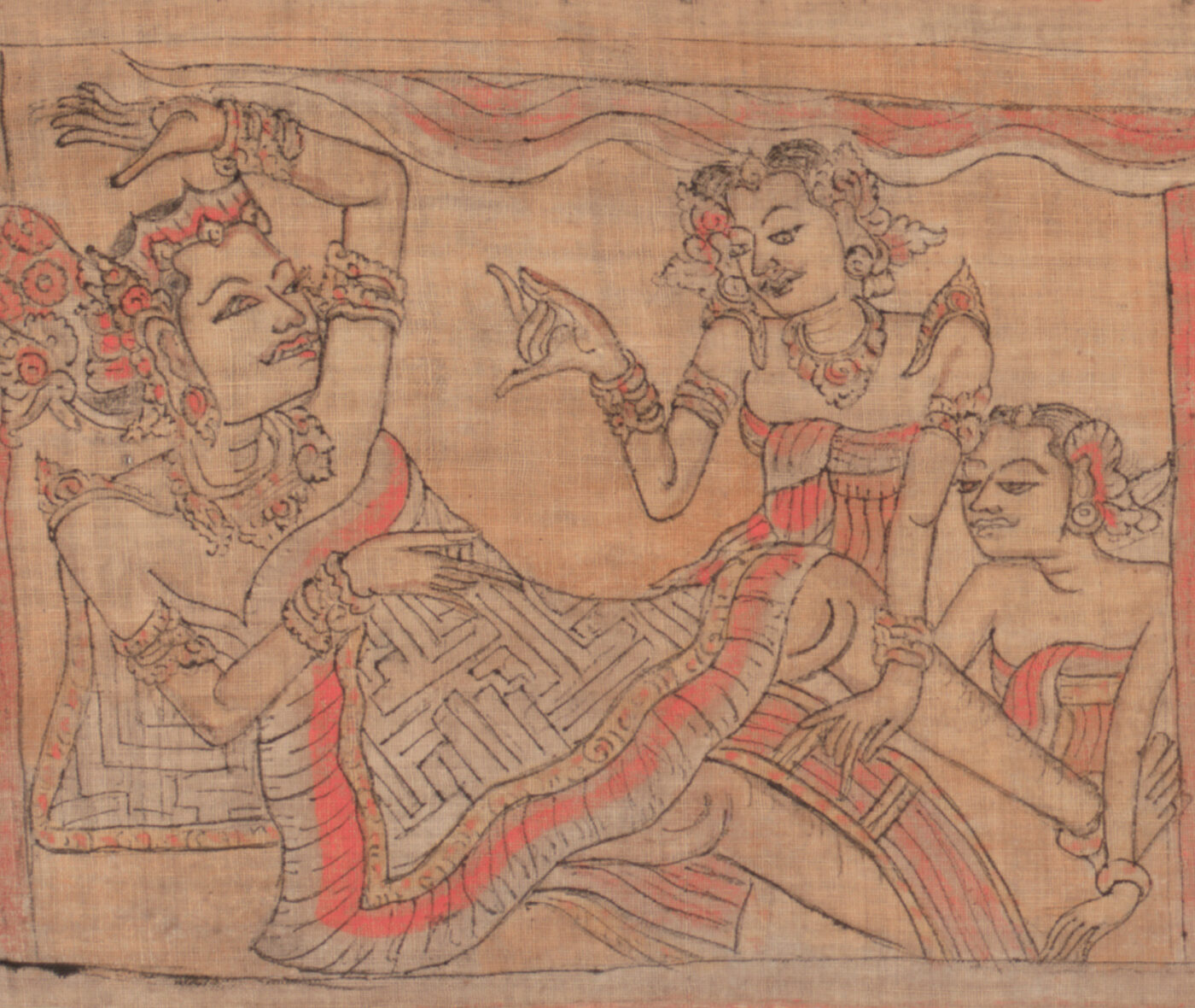 A horizontal textile painted with scenes of Indonesian women and palace rooms