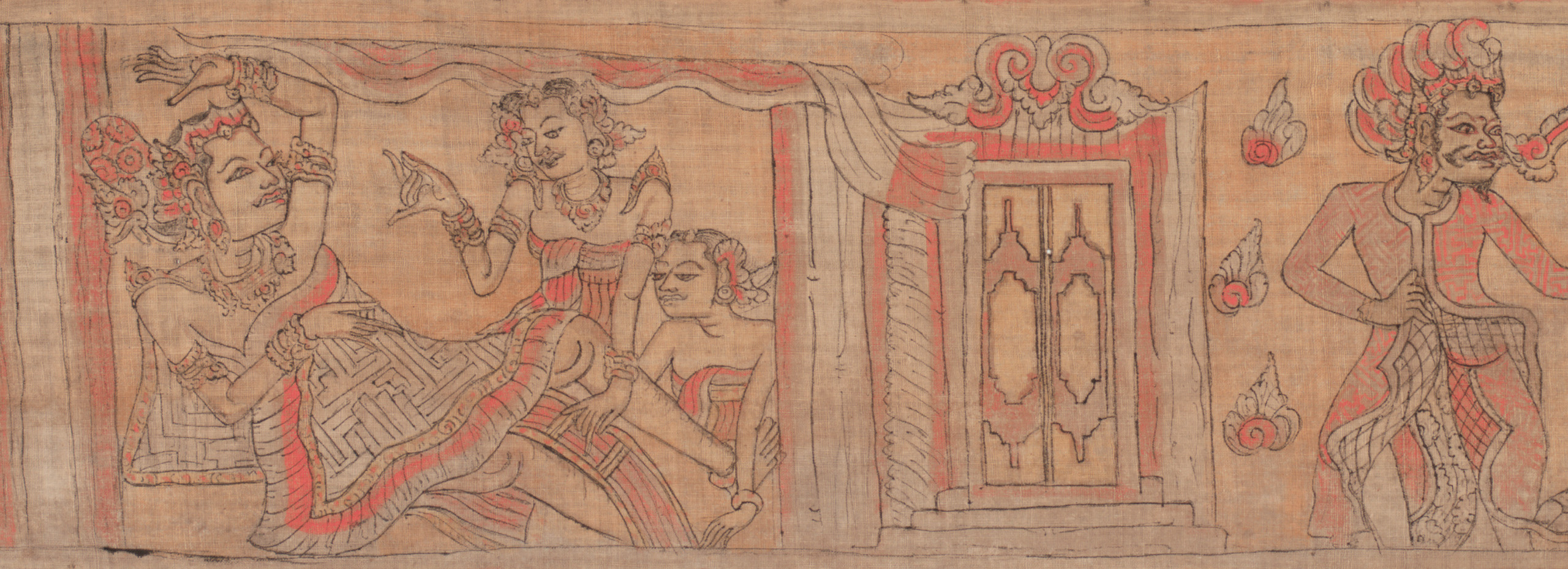 A horizontal textile painted with scenes of Indonesian women and palace rooms