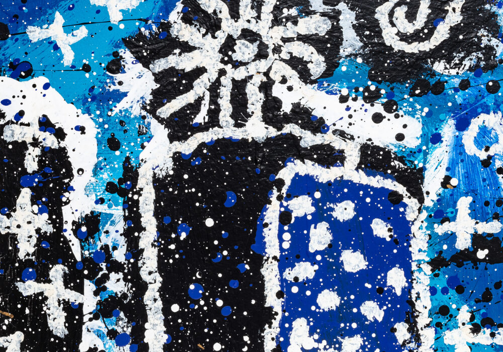 An abstract painting in black, white, and blues