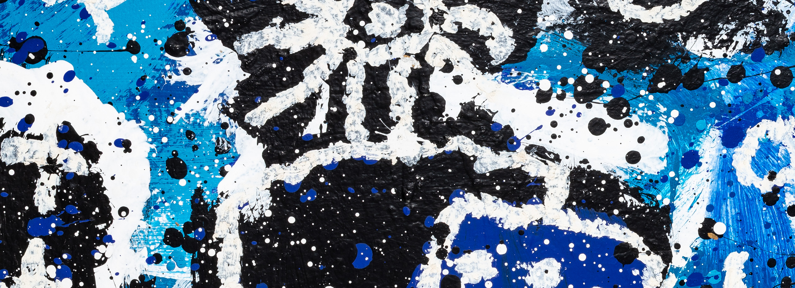 An abstract painting in black, white, and blues