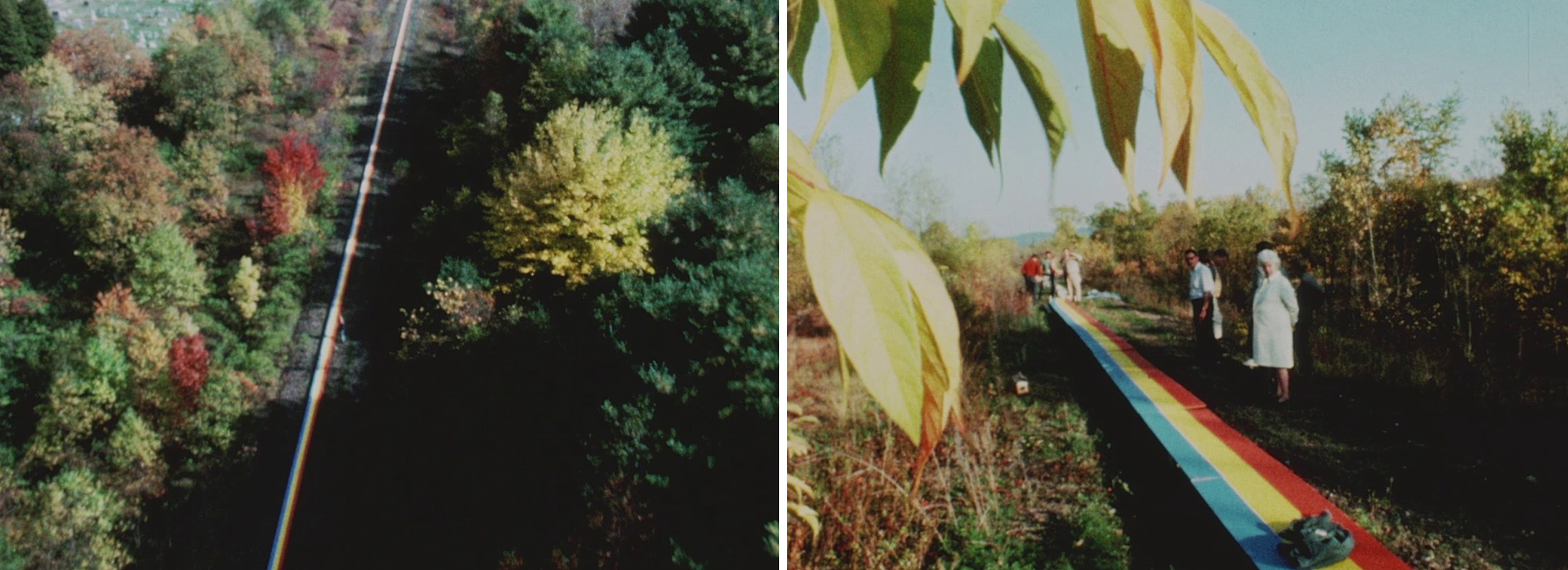Two video stills show an aerial view of trees and railroad tracks next to a ground view of people standing next to a long bright stripe