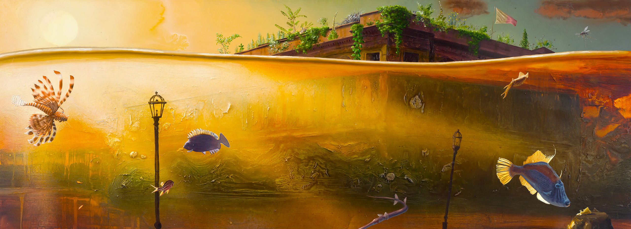 Painting of aquatic life swimming in a flooded cityscape with underwater street lamps and the top of a large building above the waterline