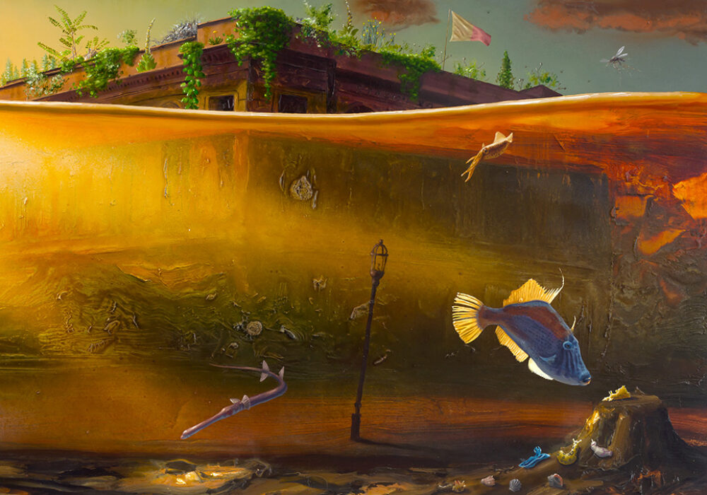 Painting of aquatic life swimming in a flooded cityscape with underwater street lamps and the top of a large building above the waterline