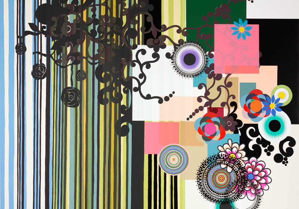 Detail of an artwork with colorful lines and shapes