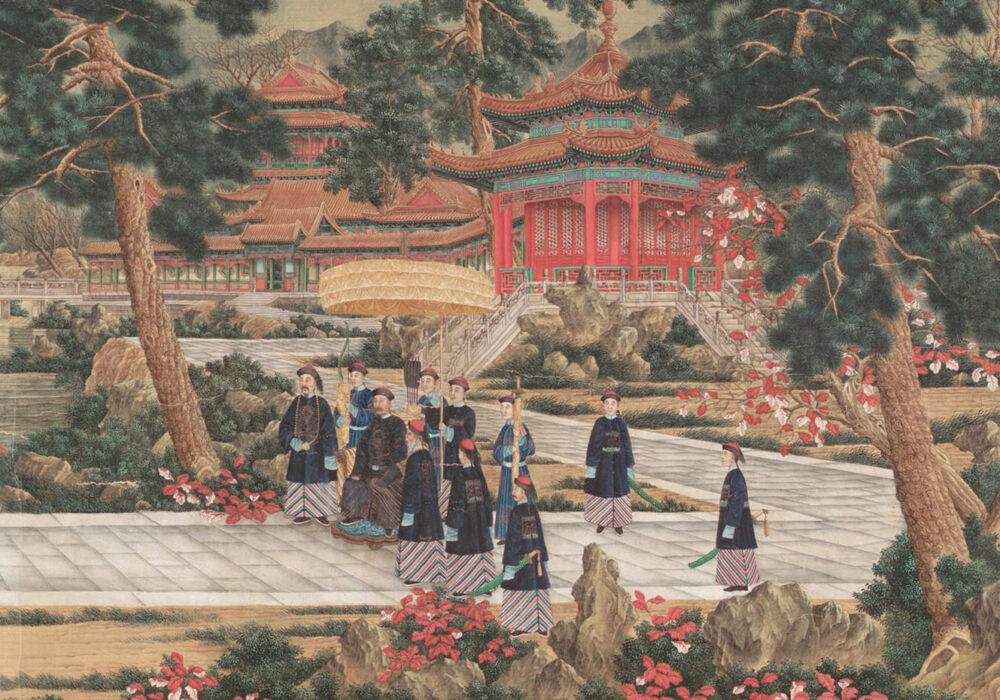 Landscape painting of a Chinese Emperor with attendants, buildings, and trees