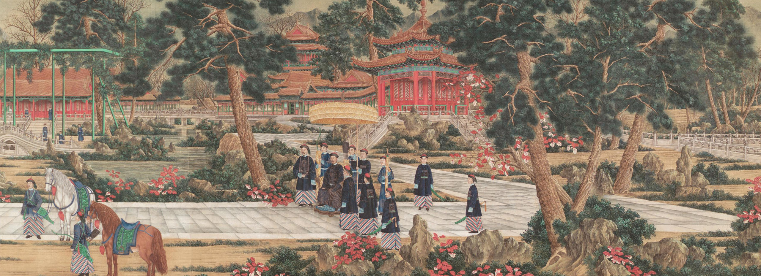 Landscape painting of a Chinese Emperor with attendants, buildings, and trees