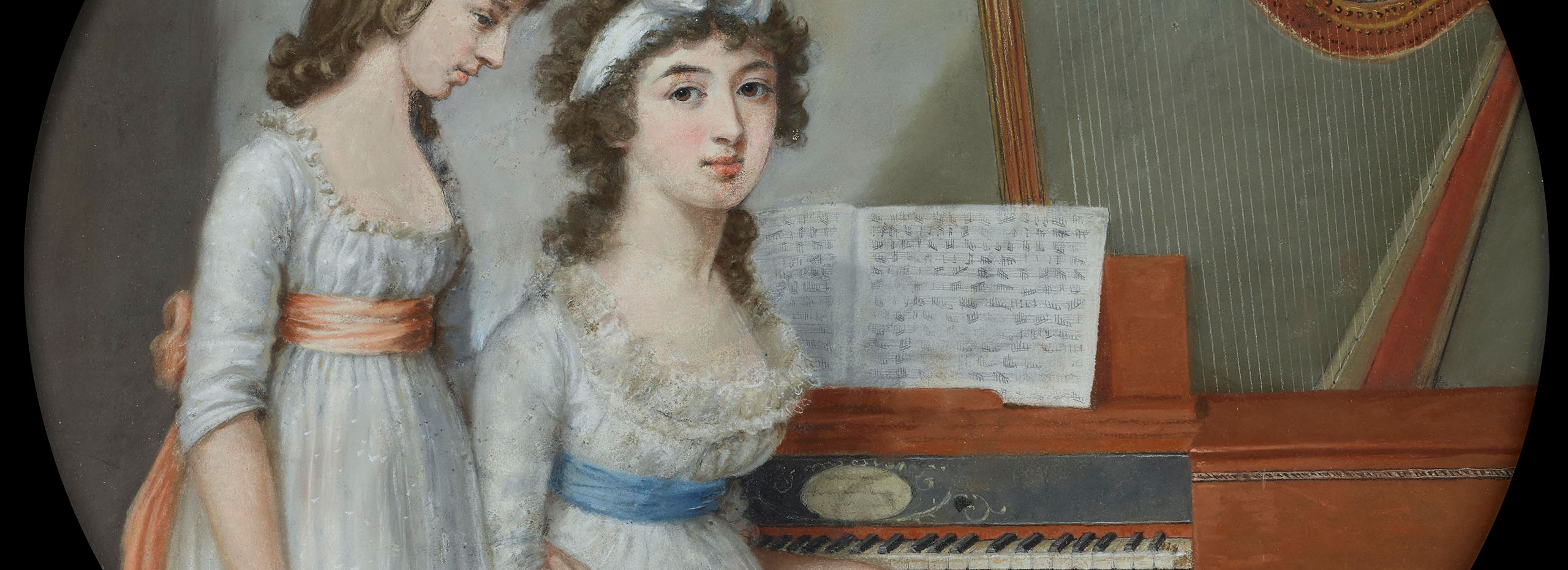 Detail of a pastel drawing with two women sitting at a piano near a harp