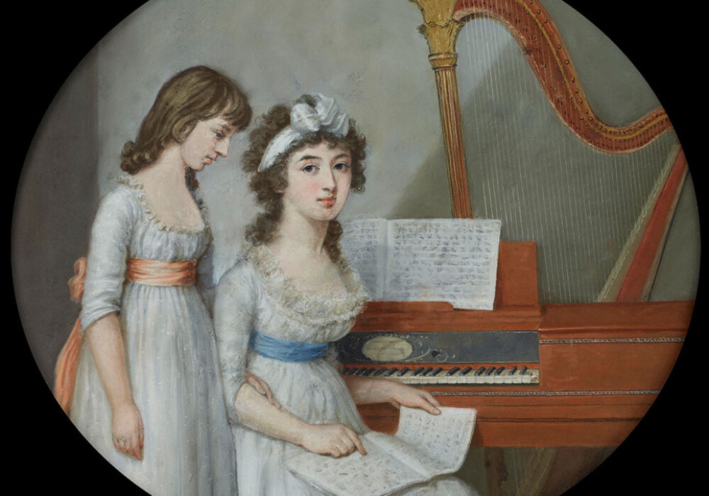 Detail of a pastel drawing with two women sitting at a piano near a harp