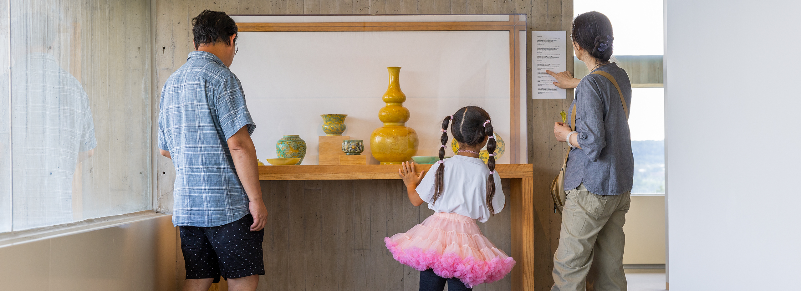 Two adults and a child in a pink tutu look at objects in a museum display case