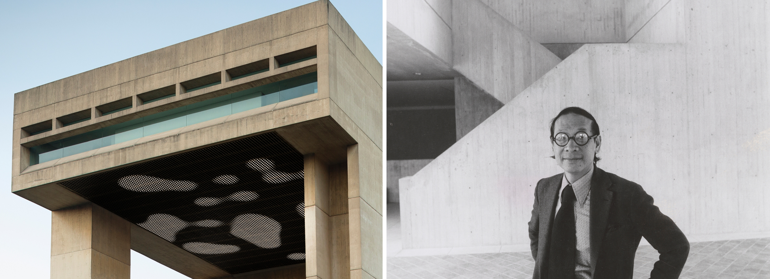 A color photo of the top of the Johnson Museum next to a black and white photo of architect I.M. Pei