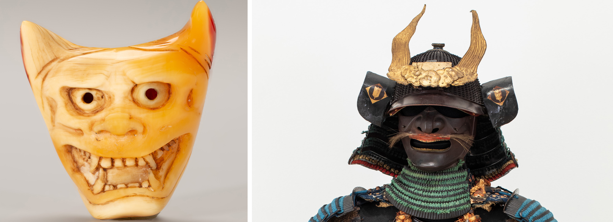 A yellow sculpture of a feline face next to the helmut of a Japanese samurai armor