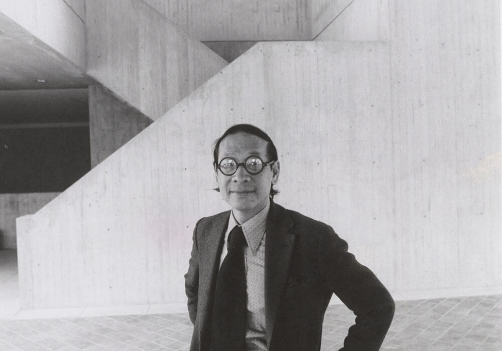 Architect I.M. Pei in the lobby of the Johnson Museum